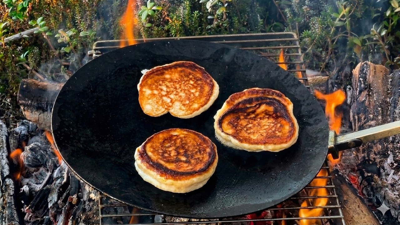 Cooking Fluffy Pancakes Over an Open Fire | Campfire Cooking