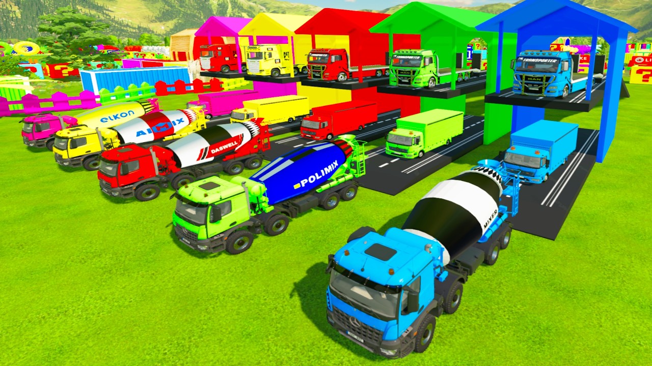 Colorful trucks - ALL COLORFUL MERXEDES MIXER TRUCK, LOGISTIC CARGO TRUCK TRANSPORTING TO GARAGE