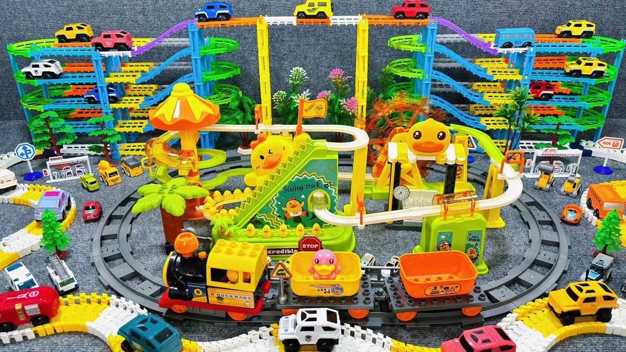 14minutes of satisfying Ducks climb stairs, train tracks, and off-road vehicle tracks toy ASMR | Toy