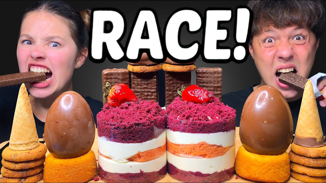 ASMR RACE! CAKE, CHOCOLATE EGG, CHOCOLATE CANDY BARS MUKBANG EATING 먹방 Tati ASMR