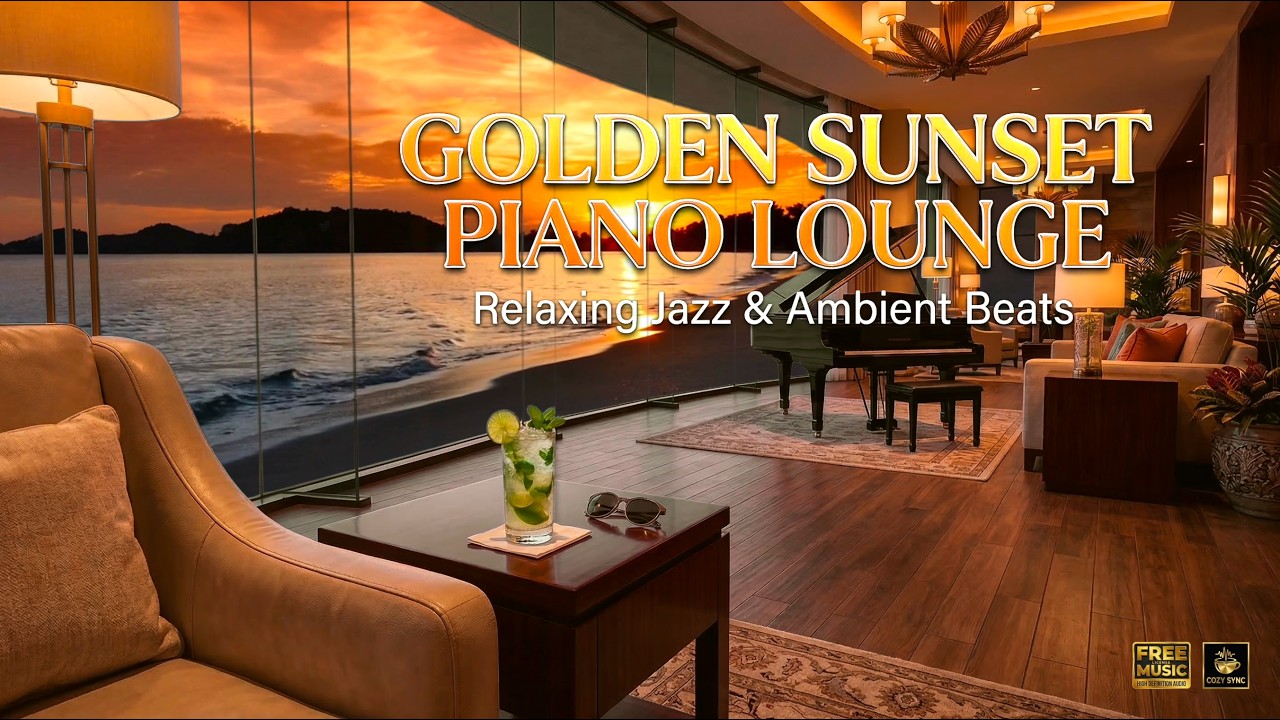 Golden Sunset Piano Lounge 🌅 Relaxing Ocean Waves & Light Jazz for Stress Relief