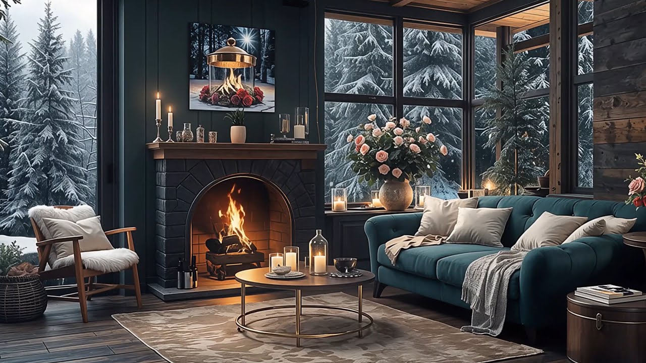 1 HOUR Cozy Winter Living Room Fireplace Ambience ❄️🔥 Snowy Forest View | CalmHour