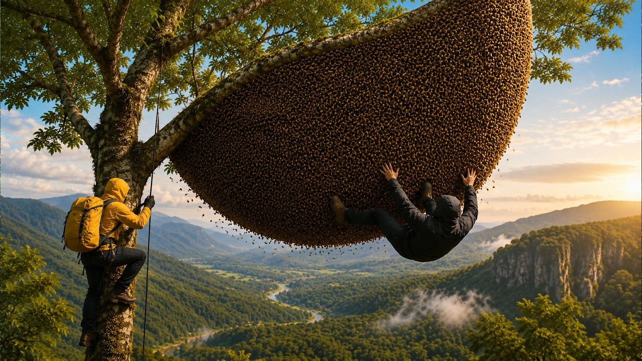 Facing a giant beehive  Harvesting wild honey is a challenging task deep in the jungle