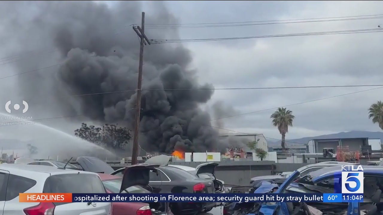 Over 100 firefighters battle massive blaze at San Fernando Valley auto salvage yard