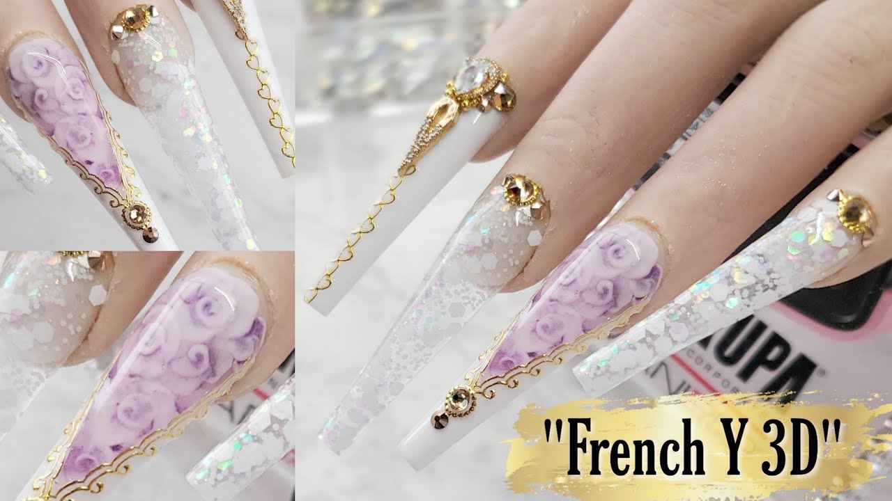 Uñas Acrilicas "French Y 3D"🌹🌹🌹Acrílico Nails And 3D Roses Encapsuled