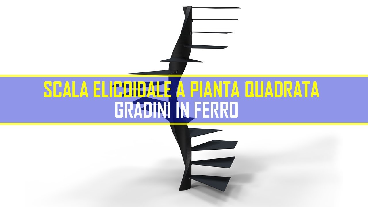 scala elicoidale a pianta quadrata con palo centrale spiralato gradini in ferro alzata aperta