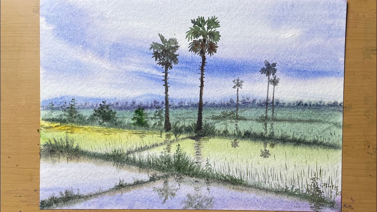Peaceful Village Landscape | Watercolor Painting of Paddy Fields | Step-by-Step Tutorial