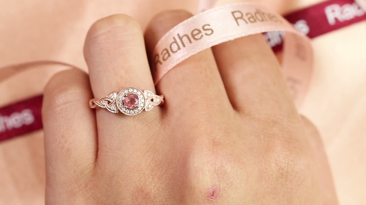 Milgrain Halo 6mm Round Cut Strawberry Quartz and Diamond Trinity Twisted Shank Wedding Ring