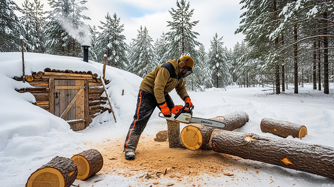 Preparing Firewood with Chainsaw for My Underground Log Cabin  Survival Shelter Winter Prep