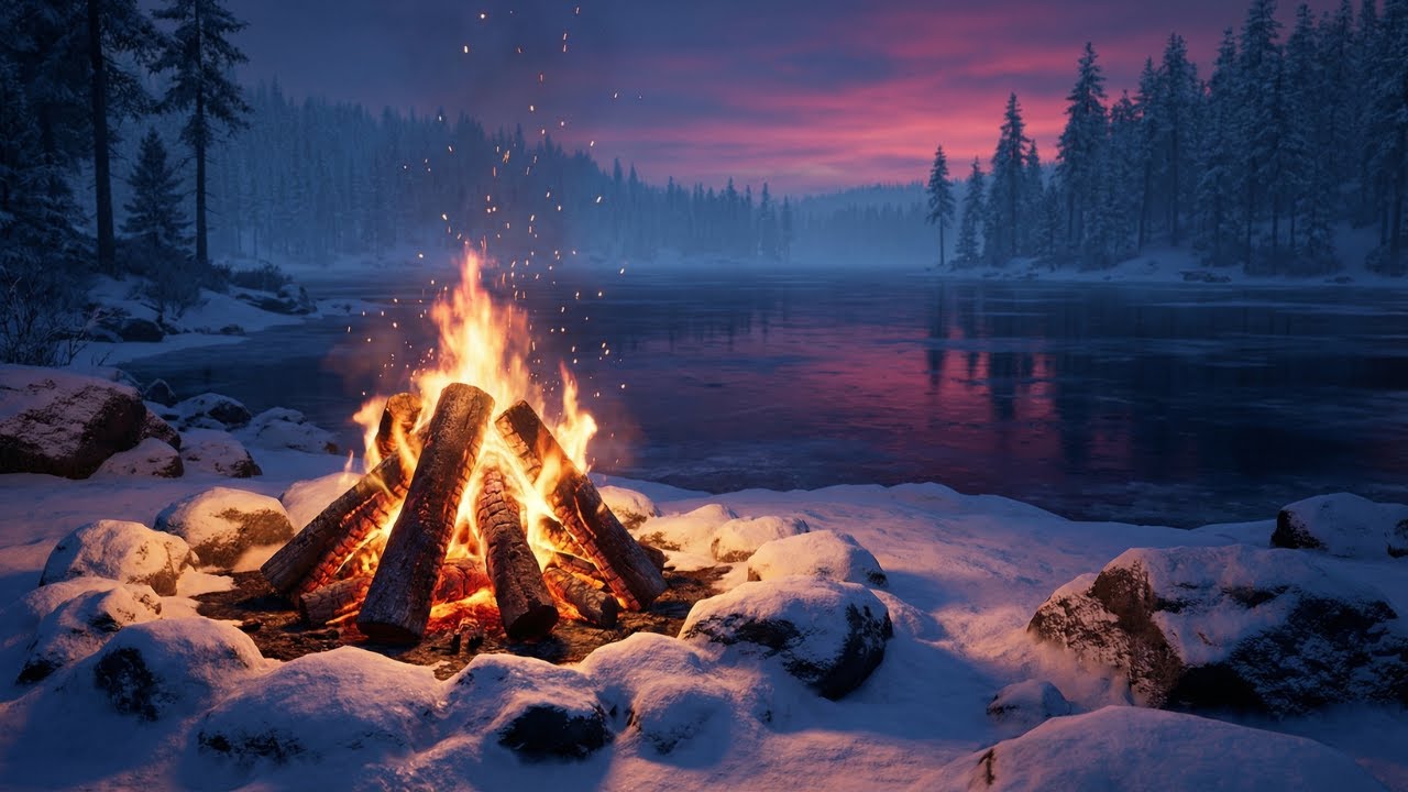 Lakeside Winter Campfire🔥❄️ Quiet Fireplace & Nature Sounds. Deep Relaxation & Sleep