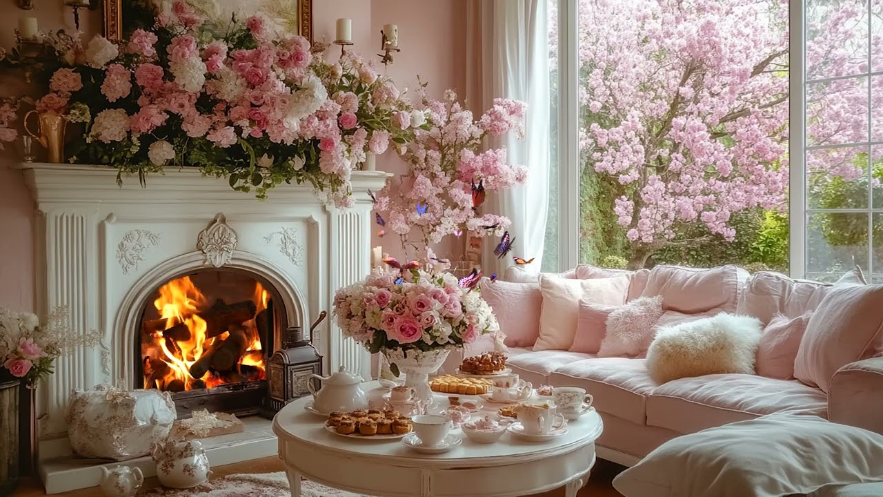 🌿 Cozy Spring Porch Relaxing Ambience 🌸 Calm Piano Music - Crackling Fireplace for Work and Study