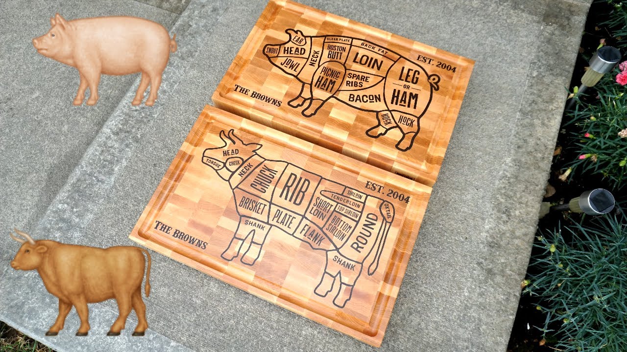The Cow and Pig butcher block / cutting board. Inlay cutting board. Cnc inlay. Wood inlay 4k video.