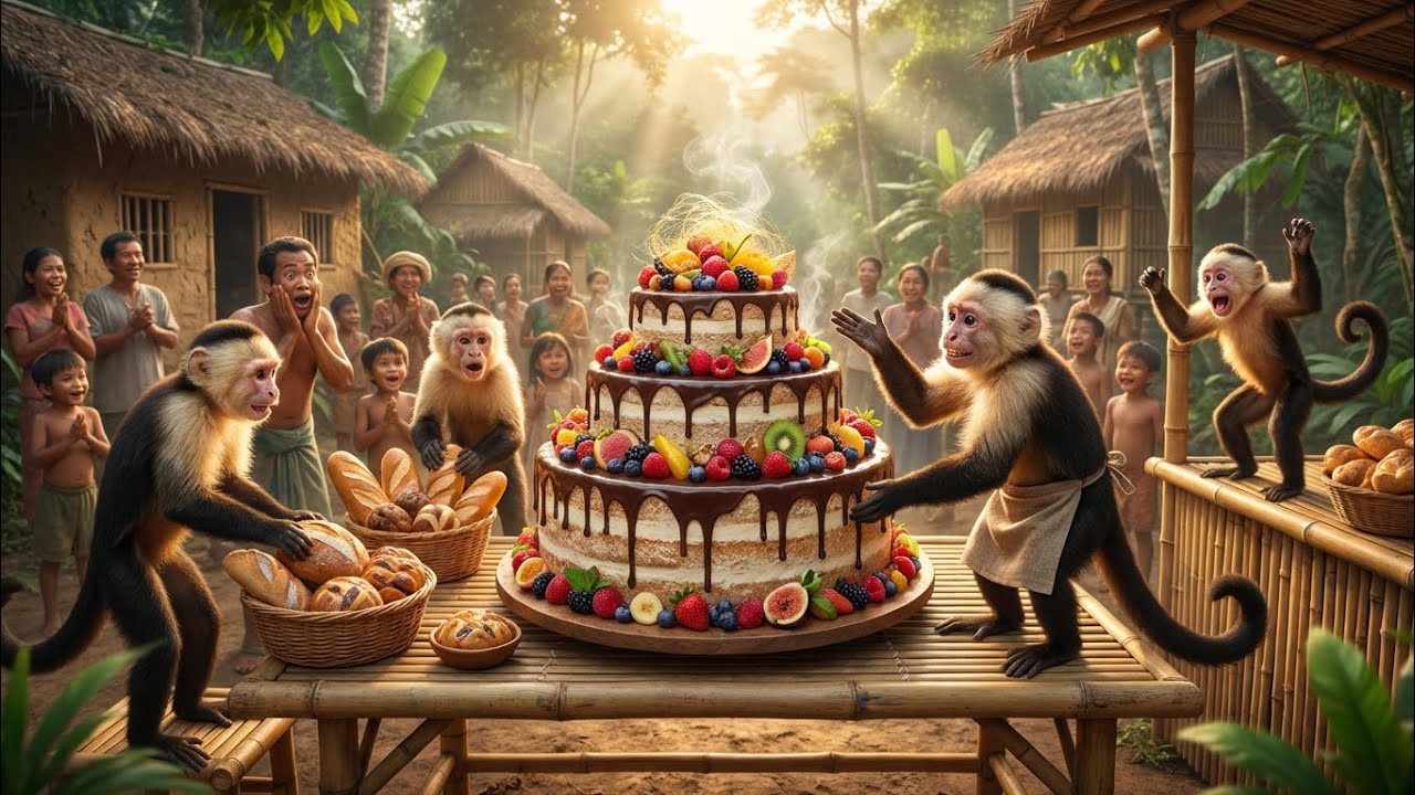 Monkeys Open Bakery & Bake a Giant Cake for the Whole Village 😱