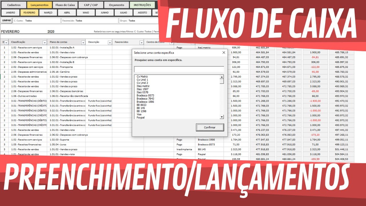 Planilha de fluxo de caixa - Lançamentos - Preenchimento das movimentações financeiras