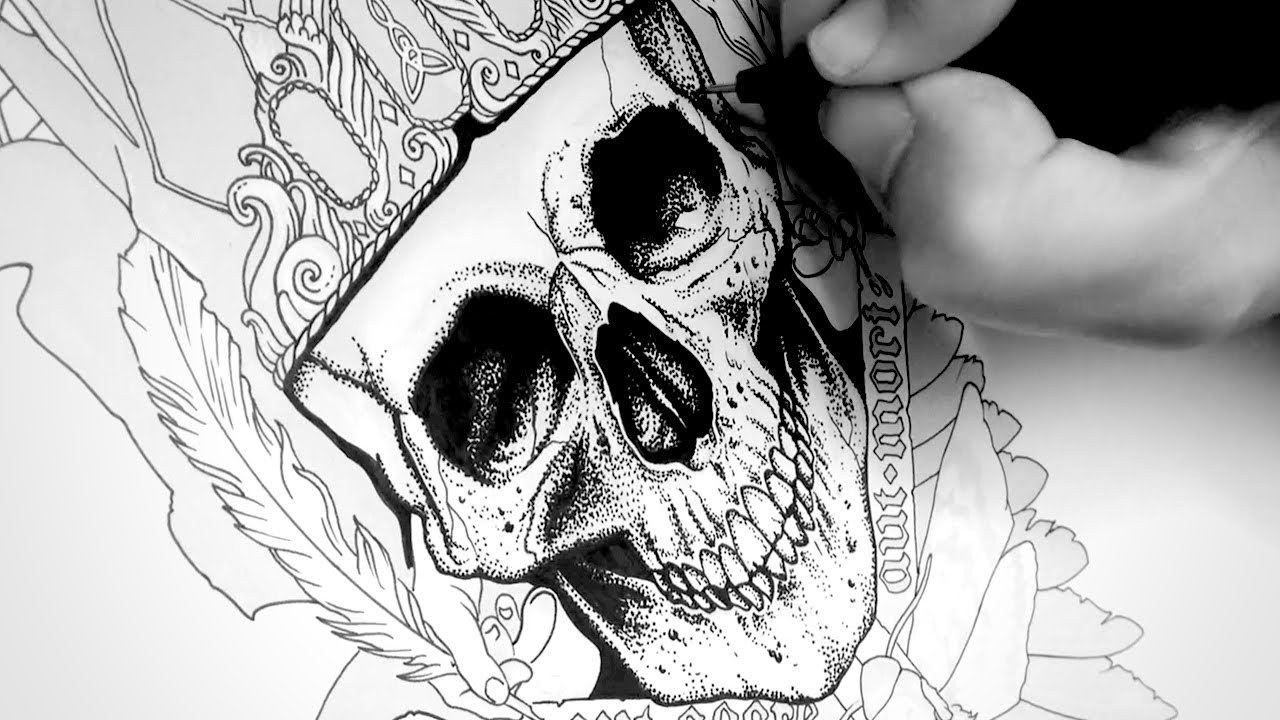 Drawing a Skull Tattoo Design with Ink | Time lapse | Ty's Gothic Tattoo