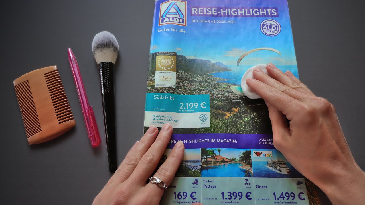 ASMR ALDI REISEPROSPEKT 🌞🌅🏝️🛳️ Paper Sounds, Wattepads, Holzkamm, Pinsel, Tracing | Sanft Geflüstert