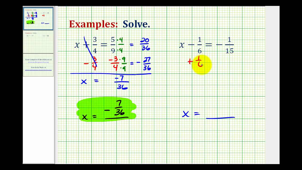 Ex:  Solve One Step Equations With Fraction by Adding or Subtracting