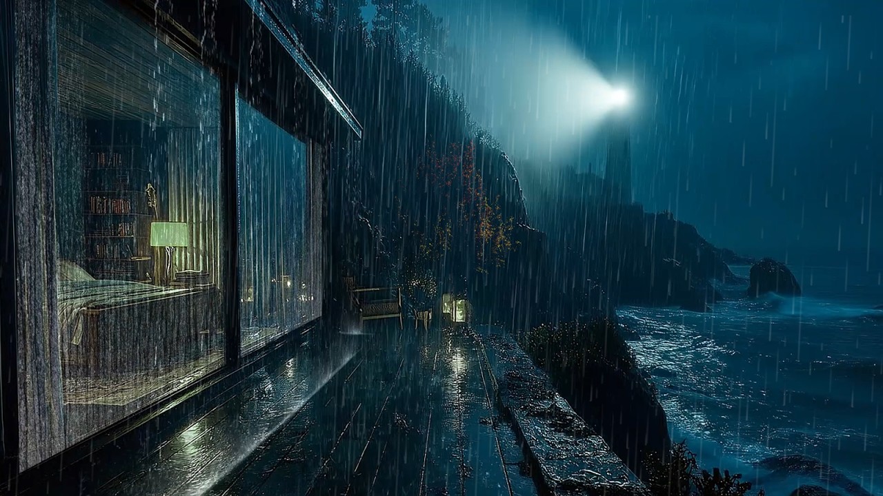 Soft Ocean Waves Night Rain Surrounding a Warm Cabin to Quiet Your Mind