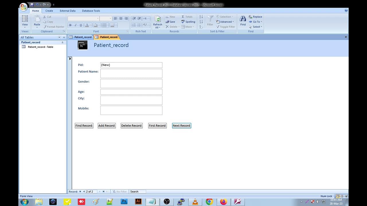 Design a form in MS Access to View, Add, Delete and Modify the patient record in the database