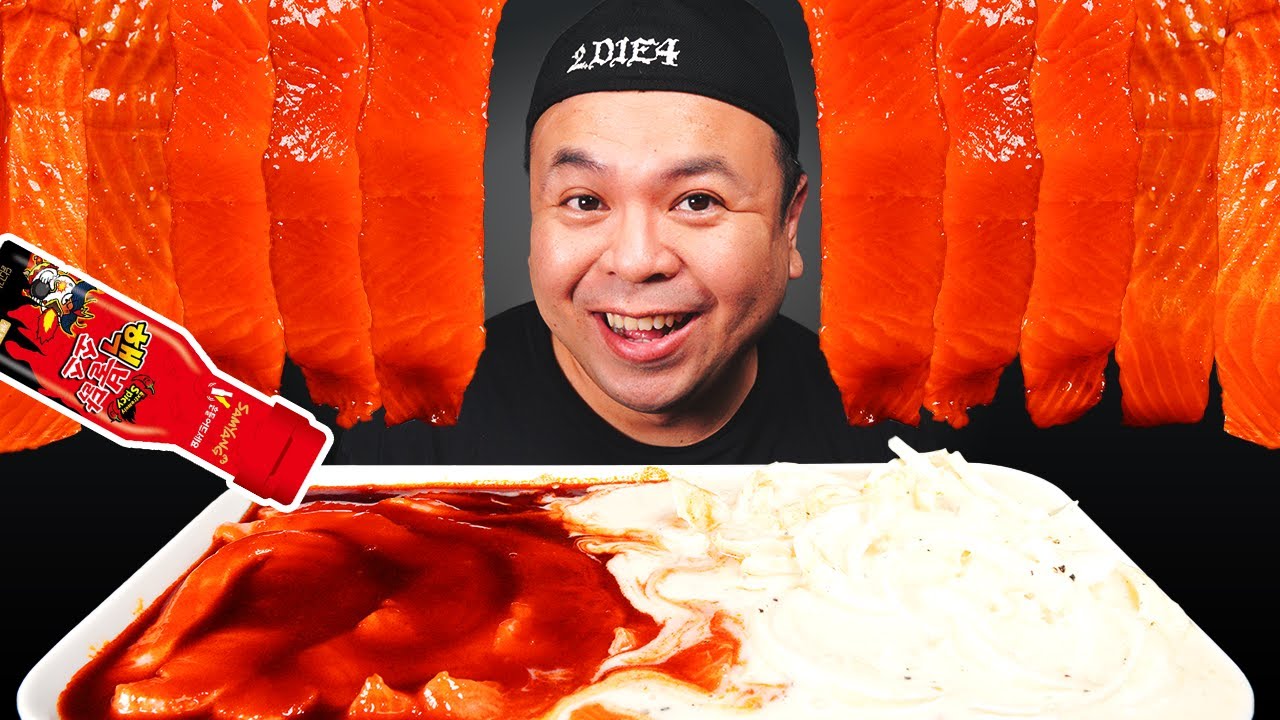 ASMR SALMON EXTREME SPICY FIRE CHICKEN SAUCE MUKBANG EATING SOUND | ASMR JonOnTable