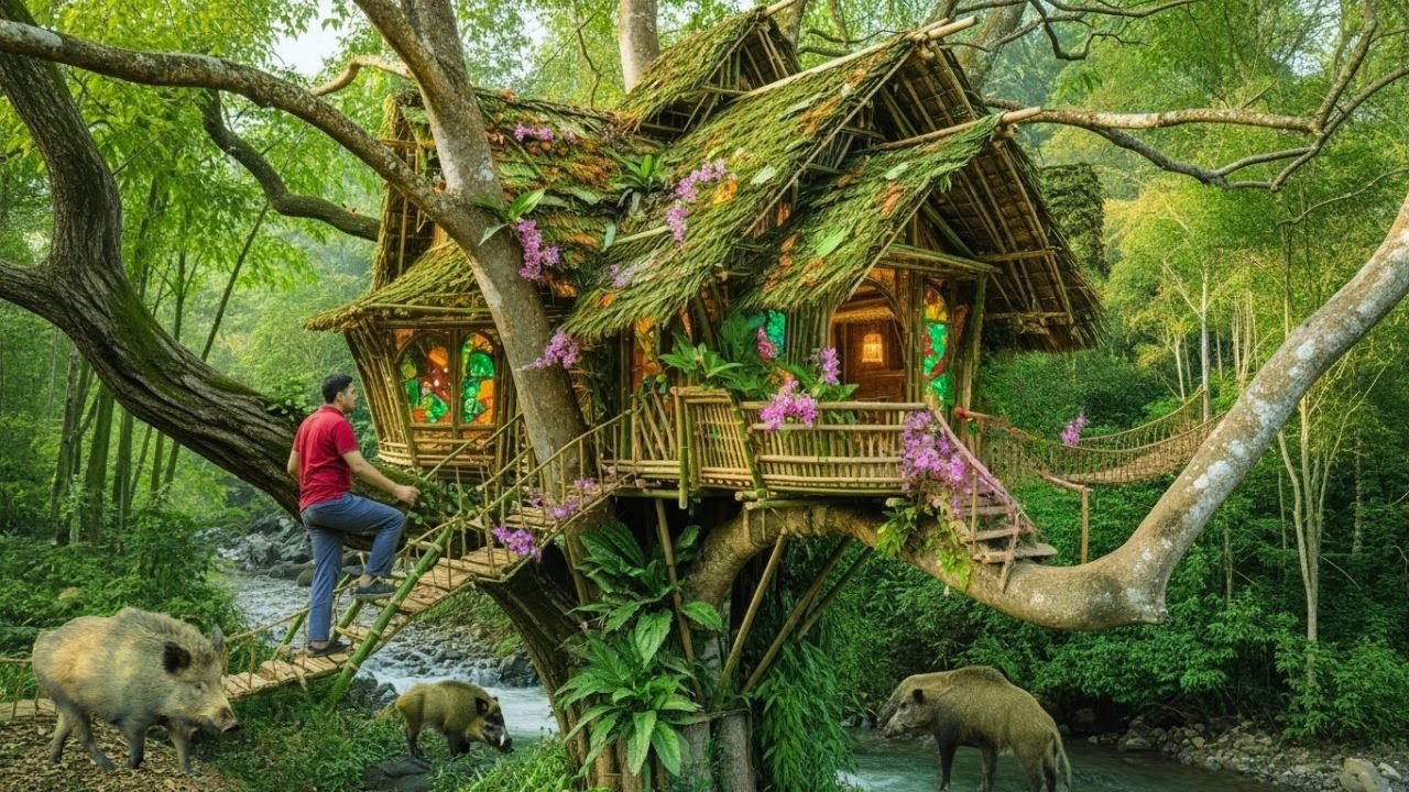 Survival Build Double Bamboo Tree House | Rope Bridge & Wild Boar Encounter by the River