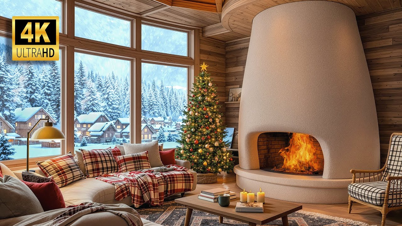 Bright Christmas Day in a Luxury Mountain Cabin ❄️ Roaring Fire & Blizzard Sounds [4K OLED Safe]