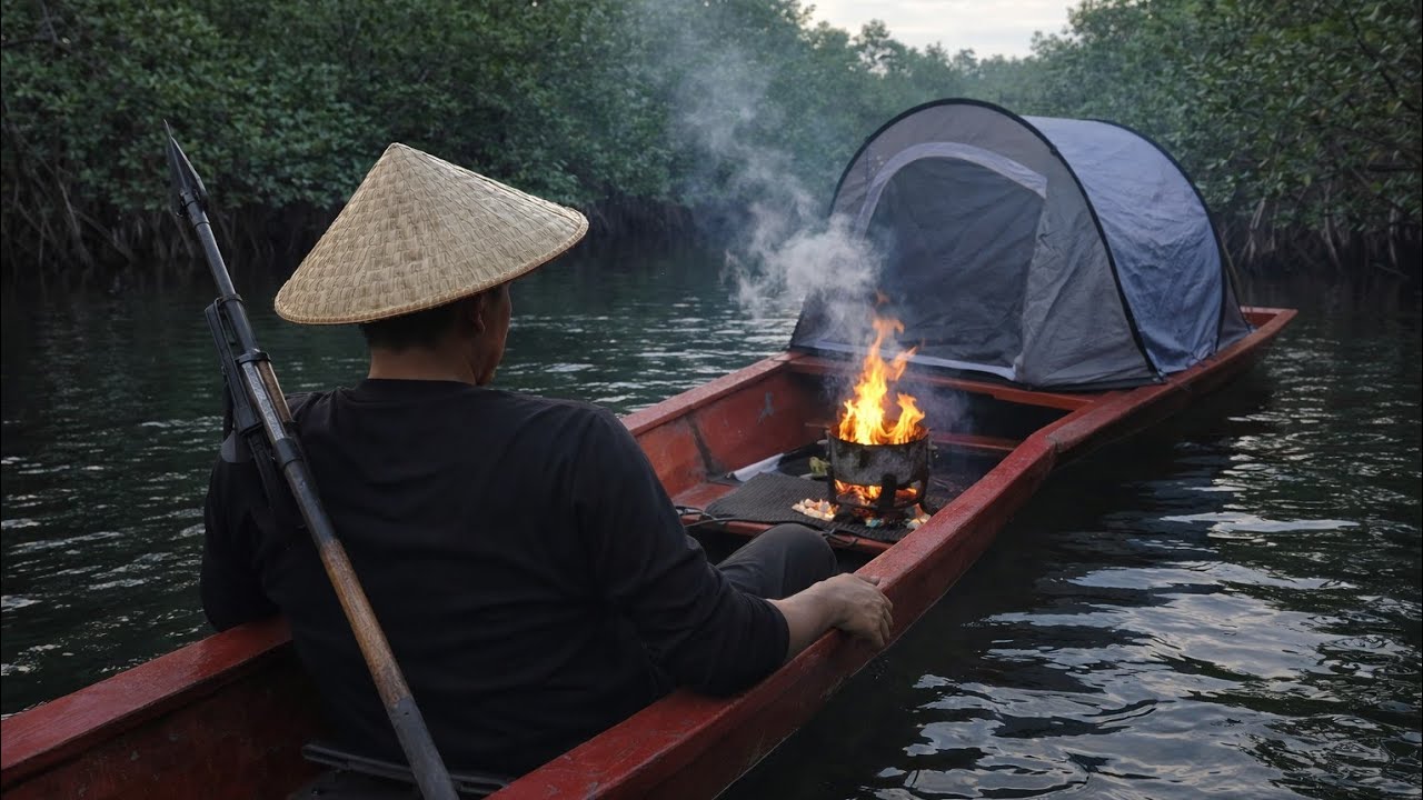 Solo Canoe Camping & Spearfishing in the River | Cozy Wooden Stove Cooking