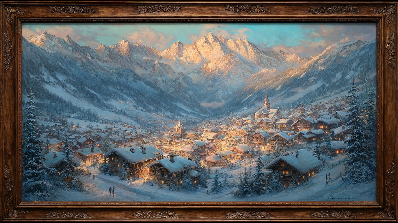 Cozy Alpine Winter Village at Sunset | Snowy Mountain Town Frame TV Art | 4K Screensaver