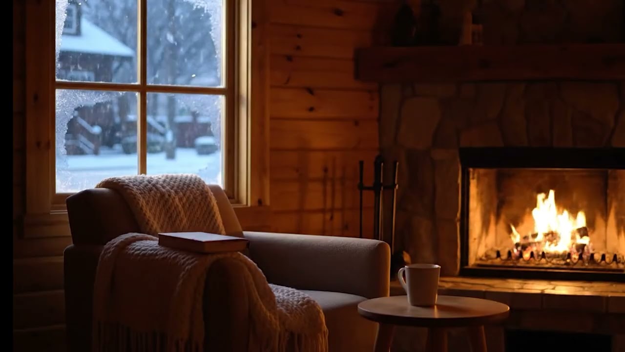 🔥 Cozy Fireplace Ambience ❄️ Real Fireplace Sounds | Snow Outside Window | Relax, Sleep, Focus