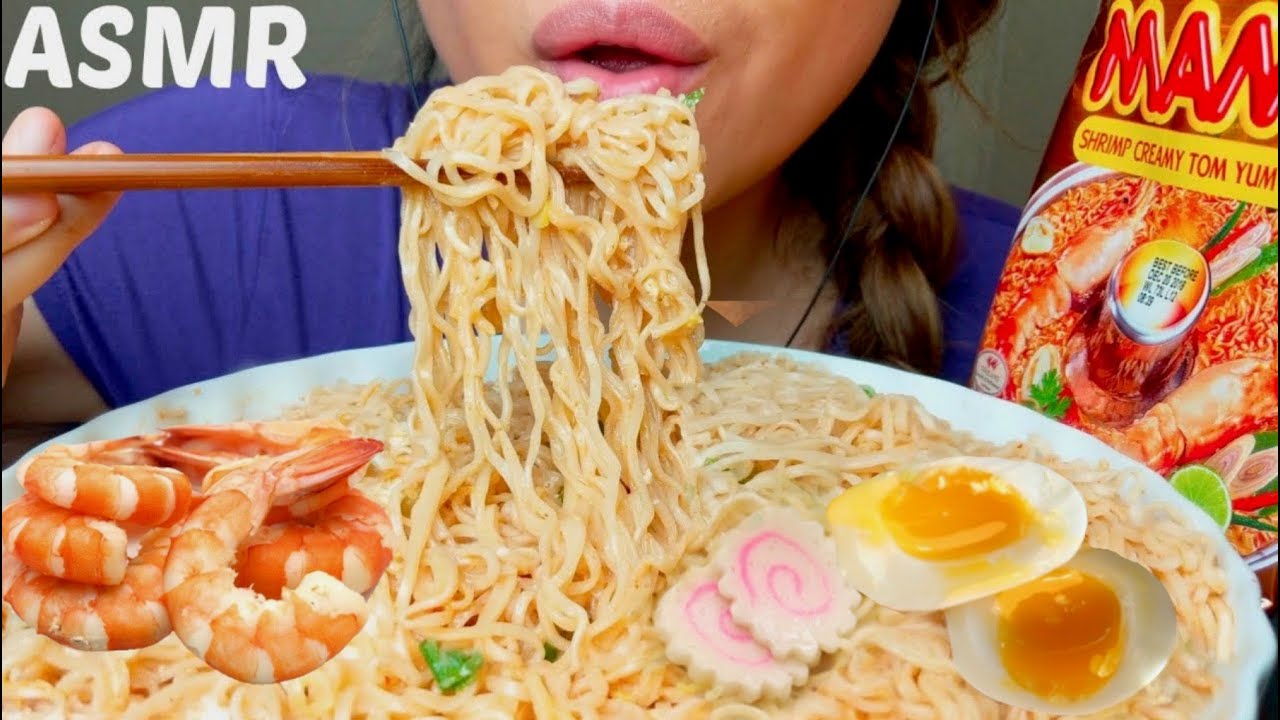 *BIG BITES* ASMR 🍤🍜🍋🌶️🍜MAMA Creamy Shrimp Tom Yum RAMEN Noodles 먹방 *No Talking* Eating Sounds