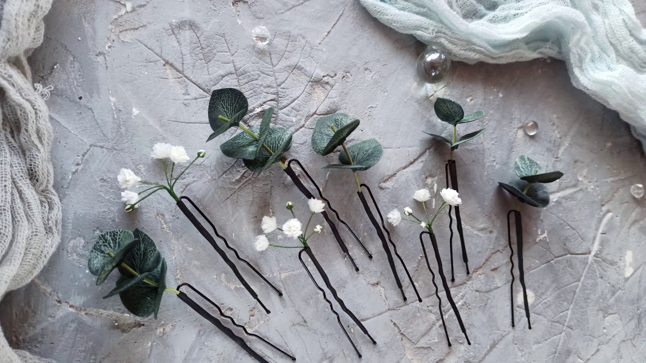 Bridal floral hair accessories Eucalyptus hair pins babies breath piece greenery wedding