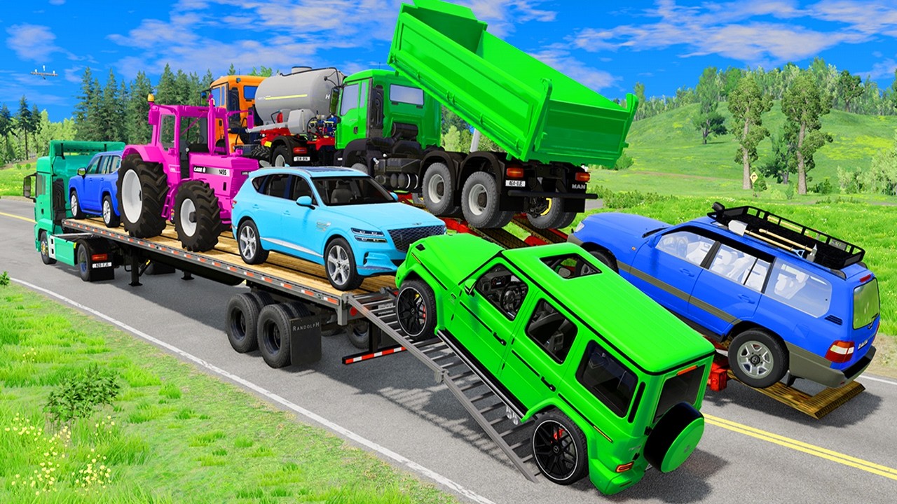 Flatbed Trailer Mcqueen | Transportation with Truck - Pothole vs Car #13 - BeamNG.Drive