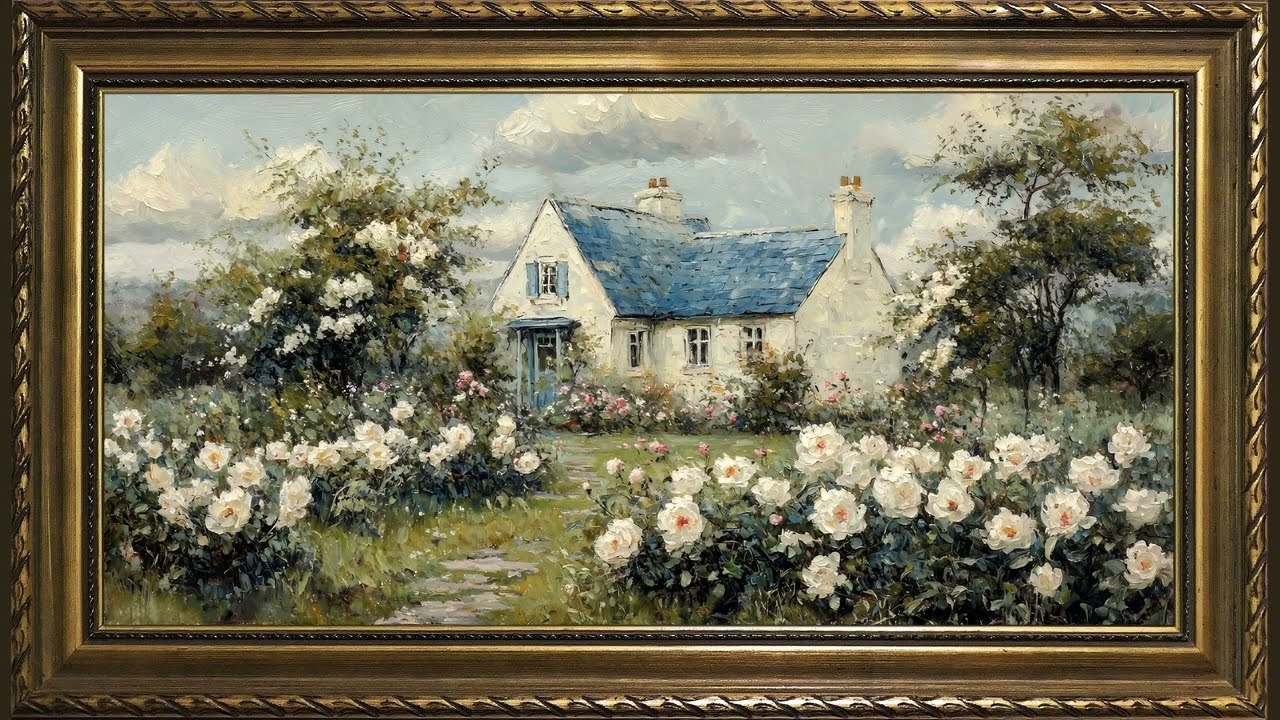 White Roses Cottage Garden, Vintage Impressionist Oil Painting 4K UHD | Framed Art TV Screensaver