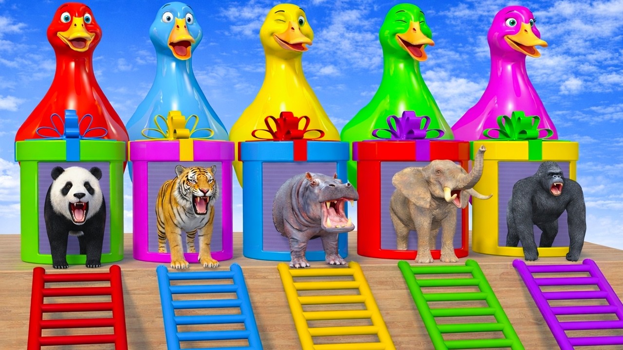 Long Slide Game With Cow Elephant Gorilla Hippopotamus Tiger - 3d Animal Game - Funny 3d Animals