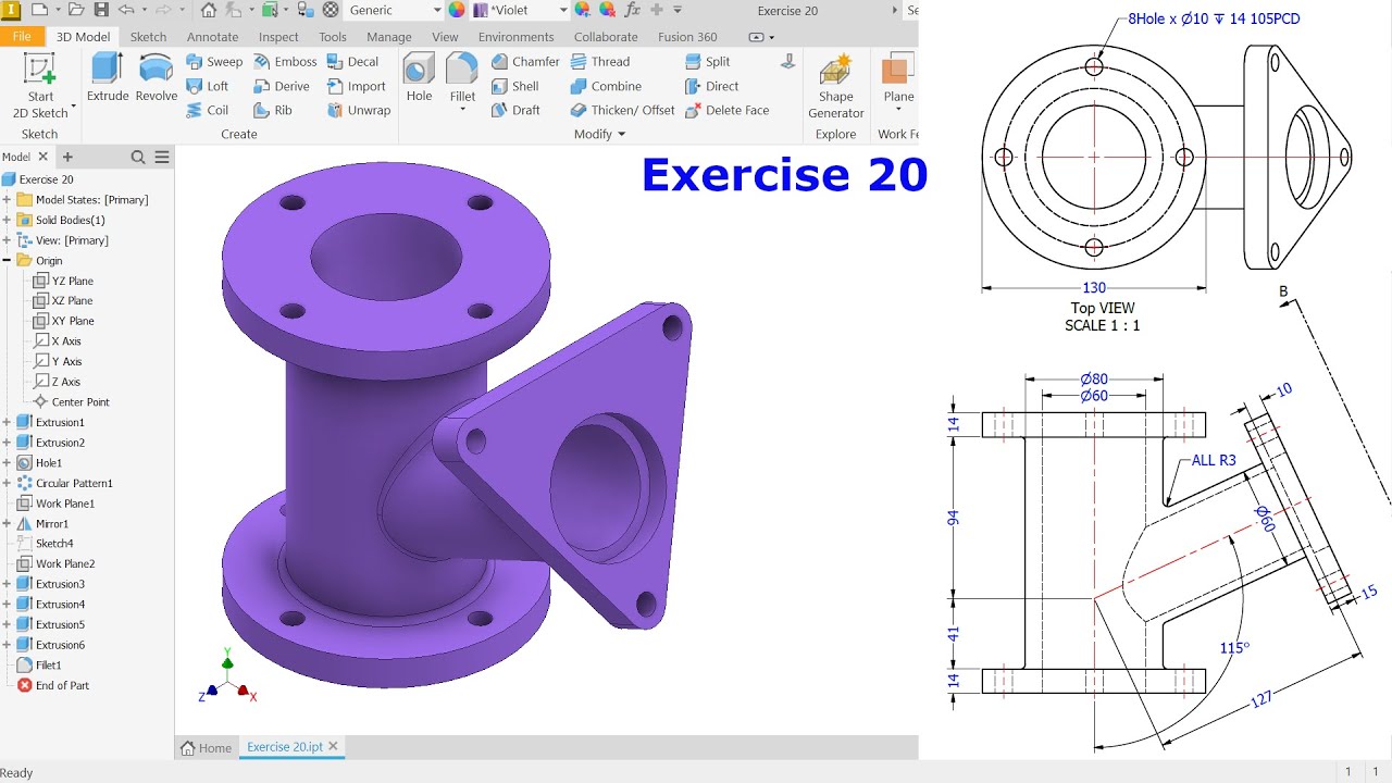 Учебное пособие по Autodesk Inventor 2023 для начинающих. Упражнение 20