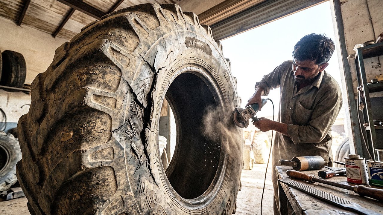 Heavy-Duty Tire Repair by Hand | Pakistani Mechanic Restores a Massive Tire