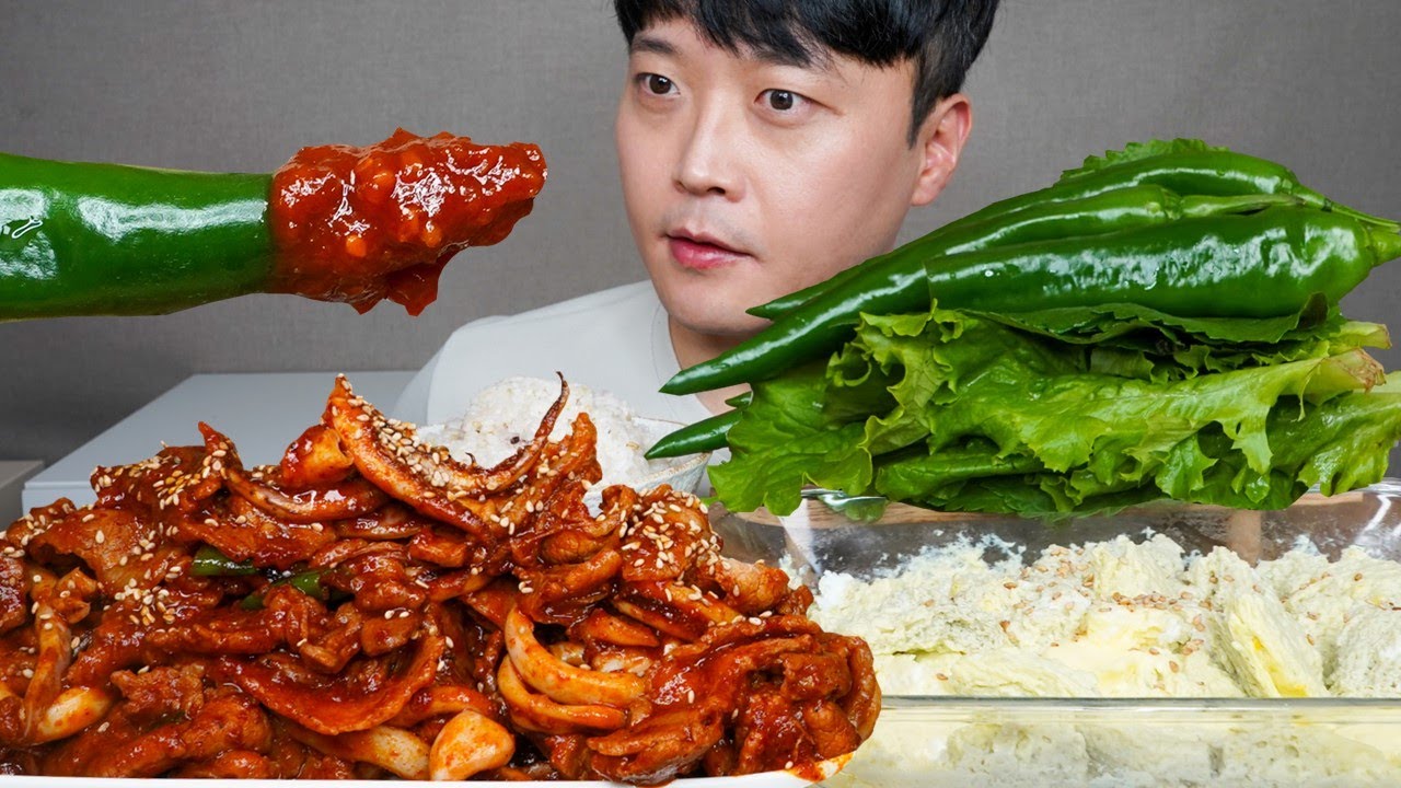 [와차밥] 오삼불고기 계란찜 야채쌈 먹방 Spicy Bulgogi & Chili Pepper ASMR MUKBANG REAL SOUND EATING