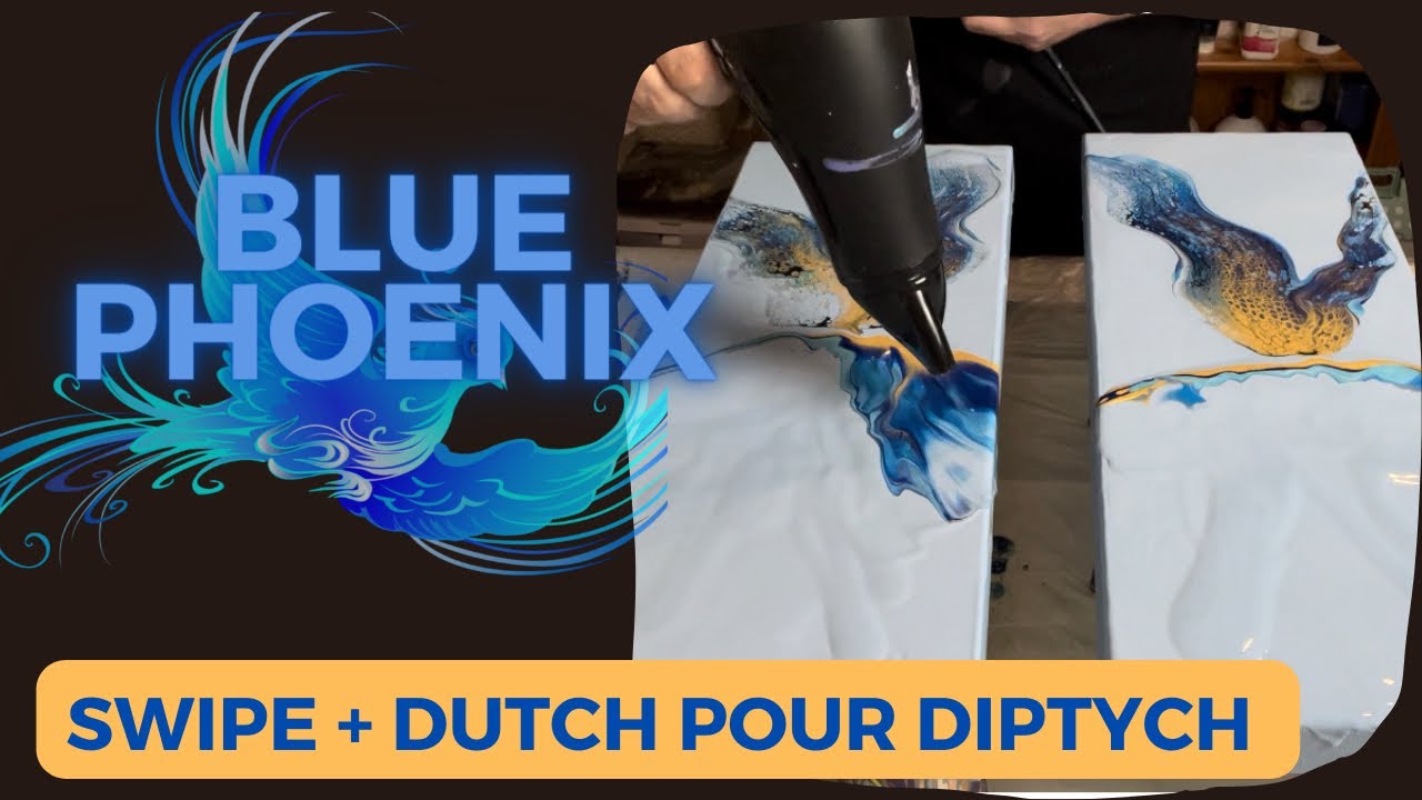 Blue Phoenix Diptych - Dutch Pour - Dancing Man - WOW! Acrylic Fluid Art