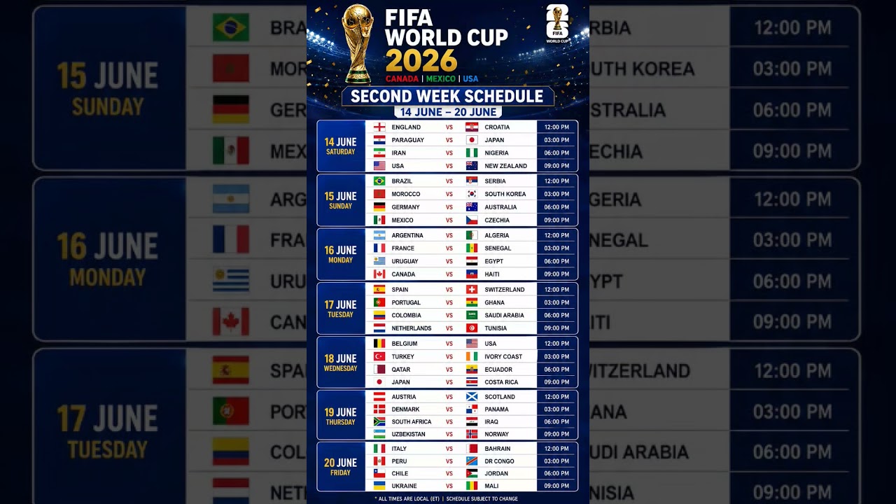 Fifa world cup 2026 second week schedule #football #worldcup2026 #shorts