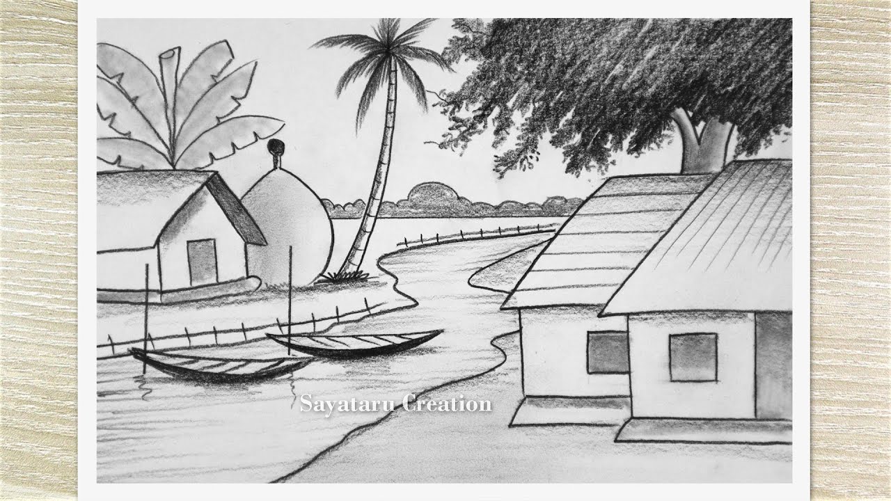 How to Draw Scenery of Riverside Village, Village Landscape Drawing for Beginners