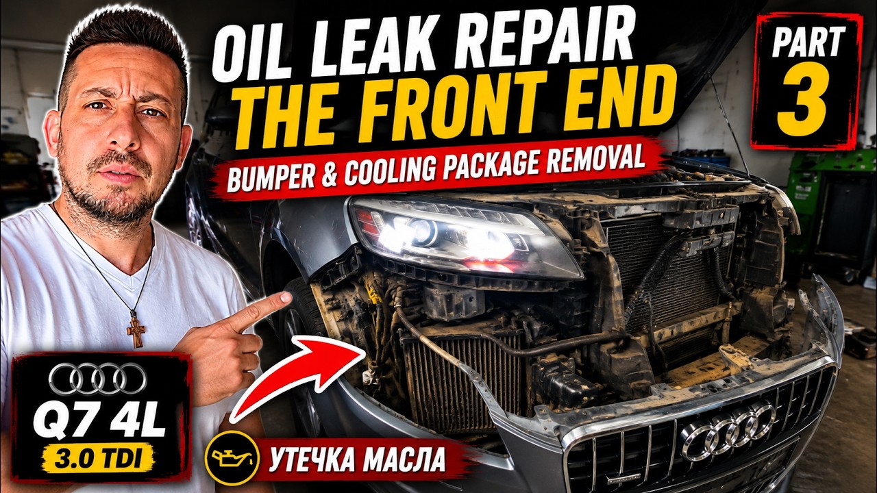Audi Q7 Oil leak repair - The front end - Bumper & cooling package removal - утечка масла - Part 3