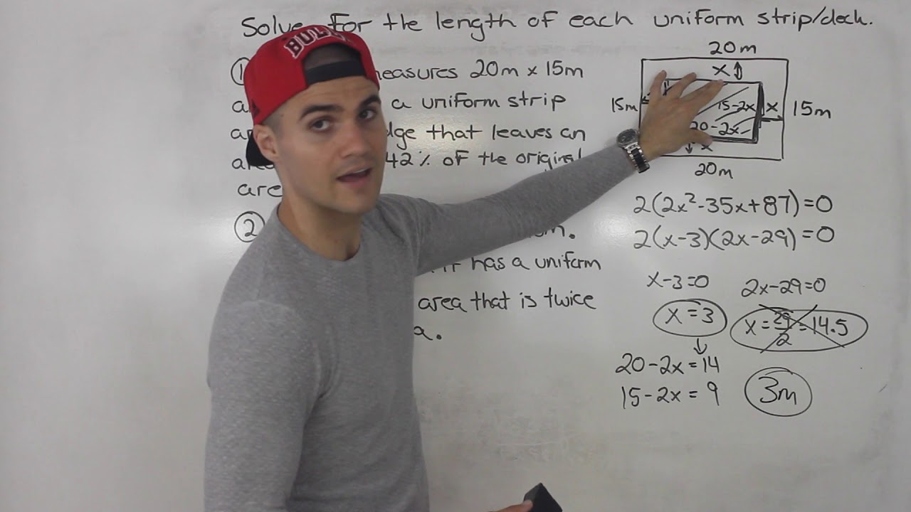 MCR3U - Quadratic Word Problem (Solve for Uniform Width of Deck) - Grade 11 Functions