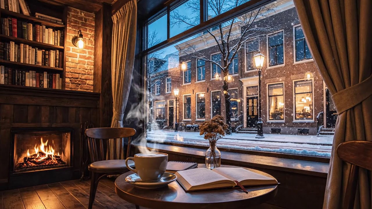 Cozy Winter Café with Falling Snow ~ Gentle Jazz Piano and Fireplace Sounds For Relax