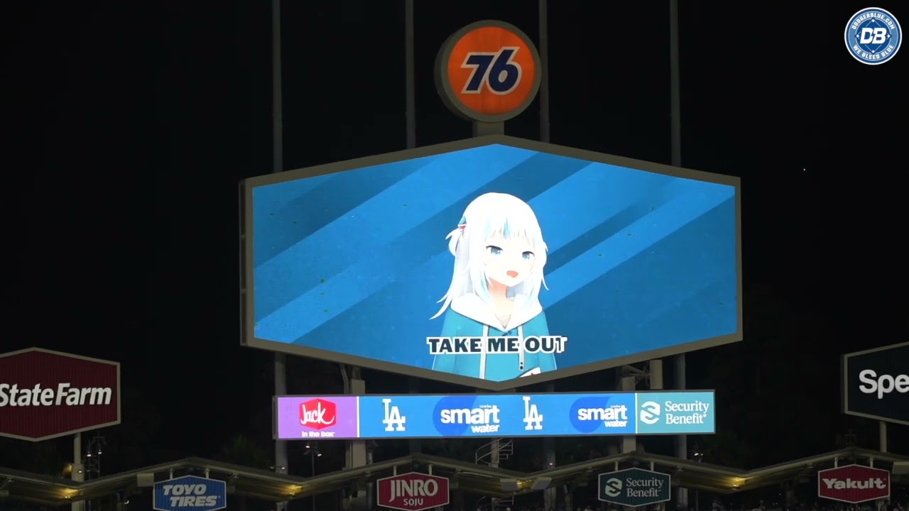 Virtual YouTuber Gawr Gura sings "Take Me Out to the Ballgame" at Dodger Stadium