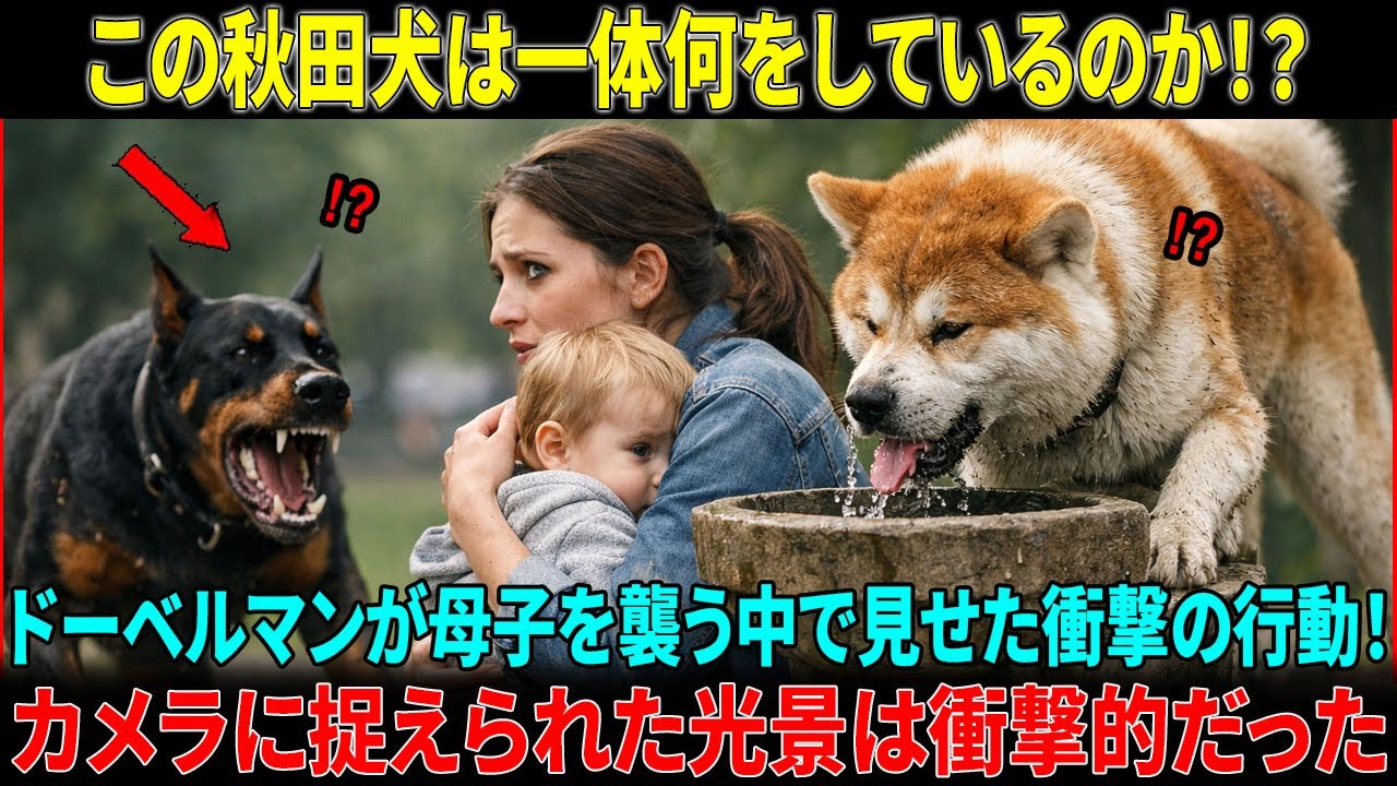 この秋田犬は一体何をしているのか！？ドーベルマンが母子を襲う中で見せた衝撃の行動！外国人が言葉を失った理由とは 【海外の反応】#海外の反応  #海外の話 #海外の感動話  #秋田犬