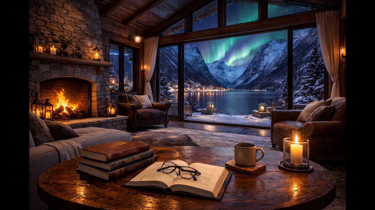 Aurora Boreale dalla Biblioteca ❄️🔥 Camino, Jazz Soft & Neve | Rilassati, Studia, Dormi Profondo
