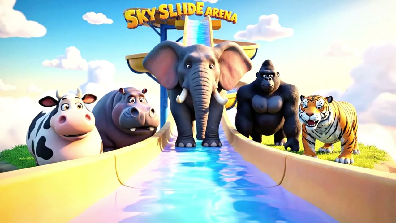 Long Slide Game With Cow Elephant Gorilla Hippopotamus Tiger - 3d Animal Game - Funny 3d Animals