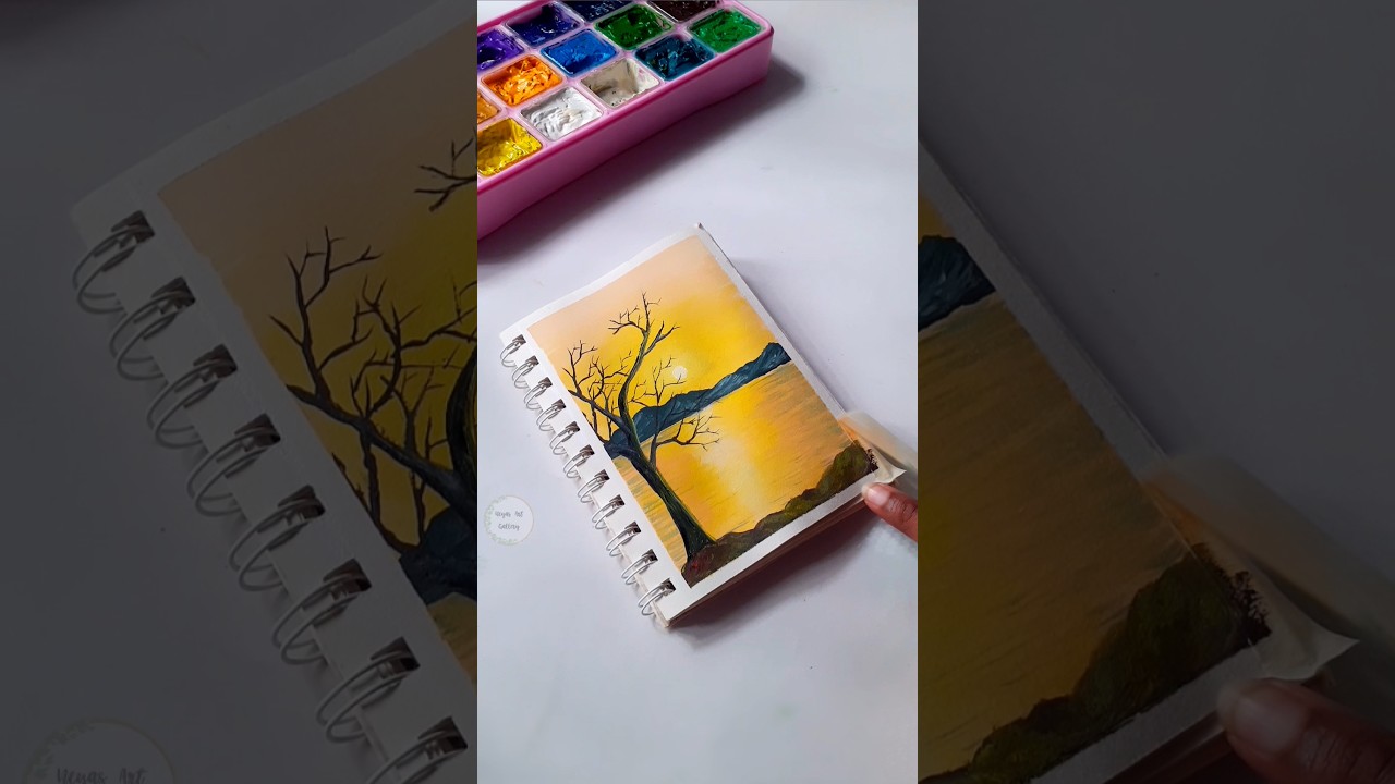 Paint Golden sunset with me! 💛 #shorts #art #ytshorts #easypainting #gouache #viralvideo #scenery