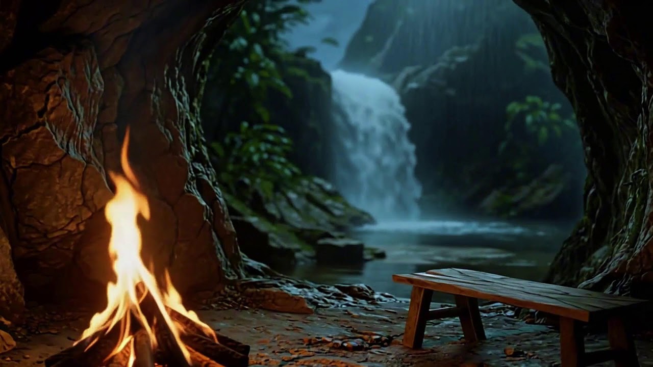 Soothing Fire & Waterfall Ambience with Birds | Cozy Hearth ASMR | Relax & Focus