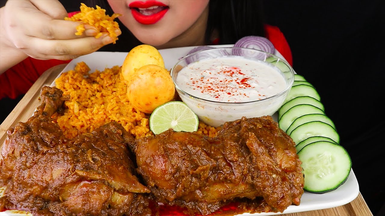 Eating Egg Biryani With Raita + Spicy Chicken Curry  (Asmr Mukbang Eating Show)